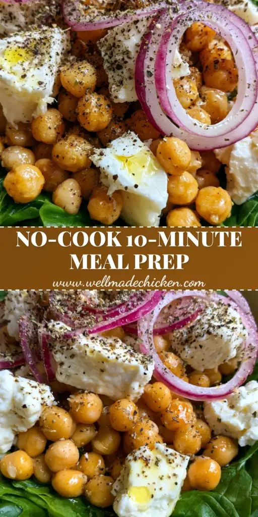 Chickpea Spinach Feta Salad: The Ultimate 10-Minute Mediterranean Power Bowl 3 A high-angle close-up of a chickpea spinach feta salad in a cream ceramic bowl with glistening golden chickpeas and rustic chunks of feta.