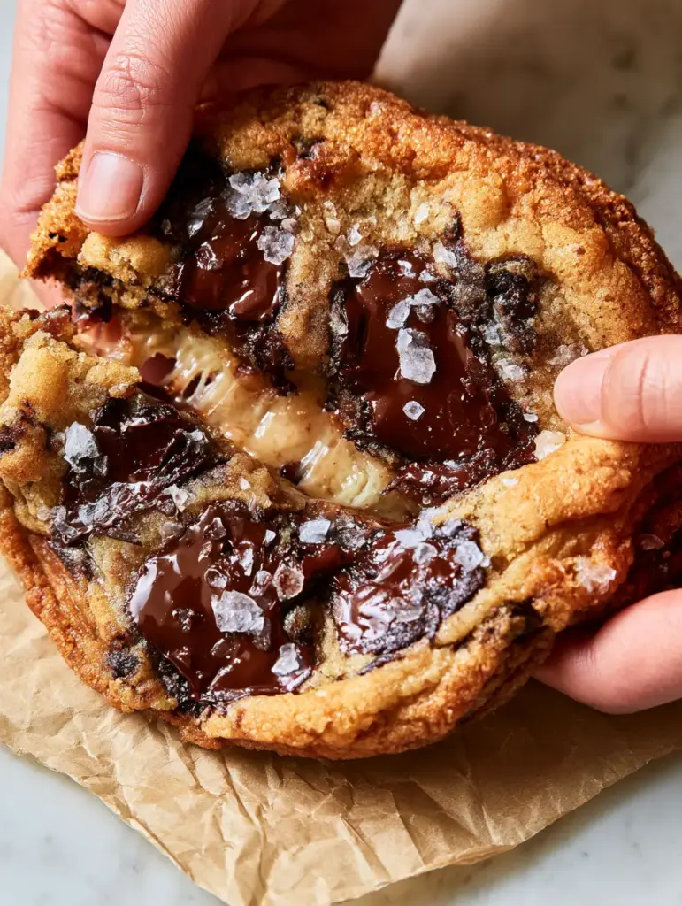 The Ultimate Bakery-Style Homemade Chocolate Chip Cookies Recipe 1 Close up of a thick chocolate chip cookie with a crinkle-top surface, visible brown sugar granules, and flaky sea salt garnish.