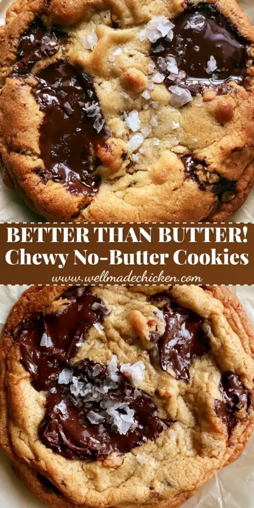 No Butter Chocolate Chip Cookies: The Ultimate Ultra-Chewy Oil-Based Recipe 4 A close-up of a single oversized no butter chocolate chip cookie with glistening dark chocolate pools and Maldon sea salt on parchment paper.