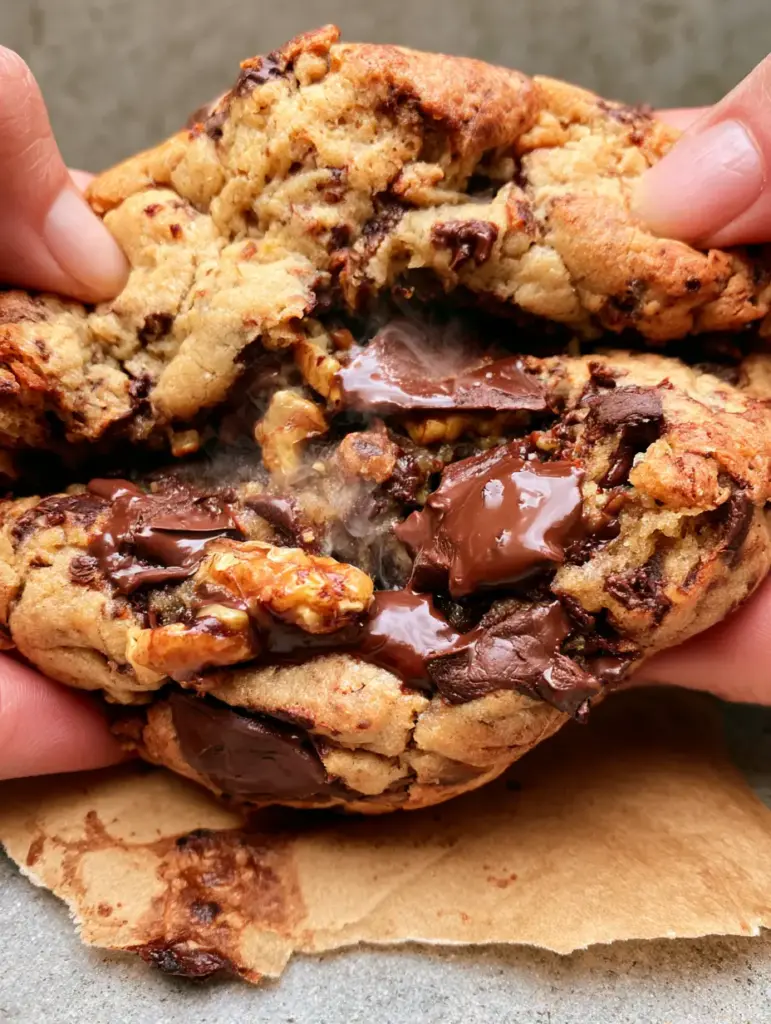 NYC Cookies: The Ultimate Giant Gooey Chocolate Chip Walnut Recipe 1 Detailed view of the craggy golden-brown exterior and toasted walnut pieces on NYC cookies.