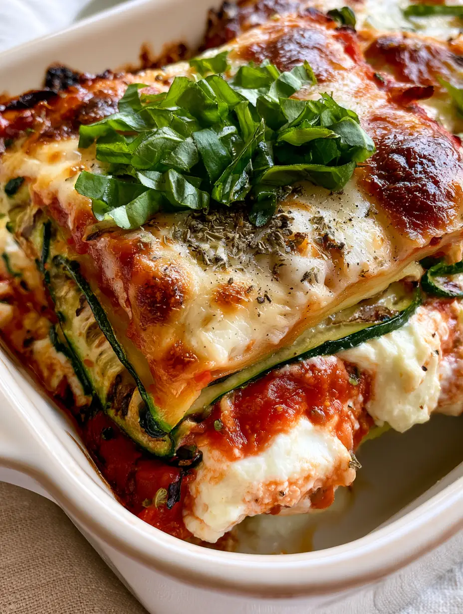 Zucchini Lasagna: The Ultimate Low-Carb Recipe with Grilled Ribbons 4 Lifting a thick slice of Zucchini Lasagna from a white ceramic dish showing char marks and ricotta pockets. (Zucchini Lasagna)