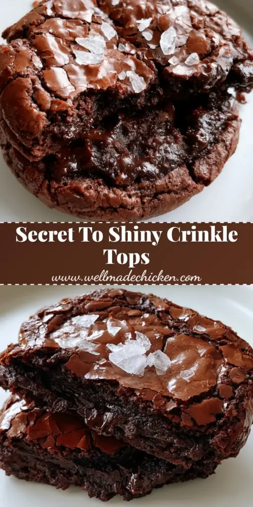 Brownie Cookies with a Glossy Crinkle Crust and Molten Chocolate Pockets 4 A top-down view of a broken brownie cookie showing a molten chocolate center and a glossy crinkle crust with sea salt flakes. (brownie cookies)