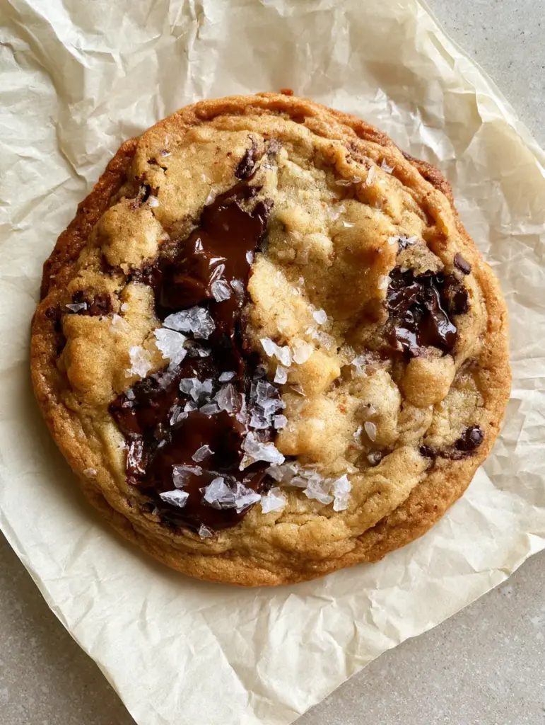 No Butter Chocolate Chip Cookies: The Ultimate Ultra-Chewy Oil-Based Recipe 2 Top-down view of an ultra-chewy chocolate chip cookie showing golden lacy edges and rippled centers. (No butter chocolate chip cookies)