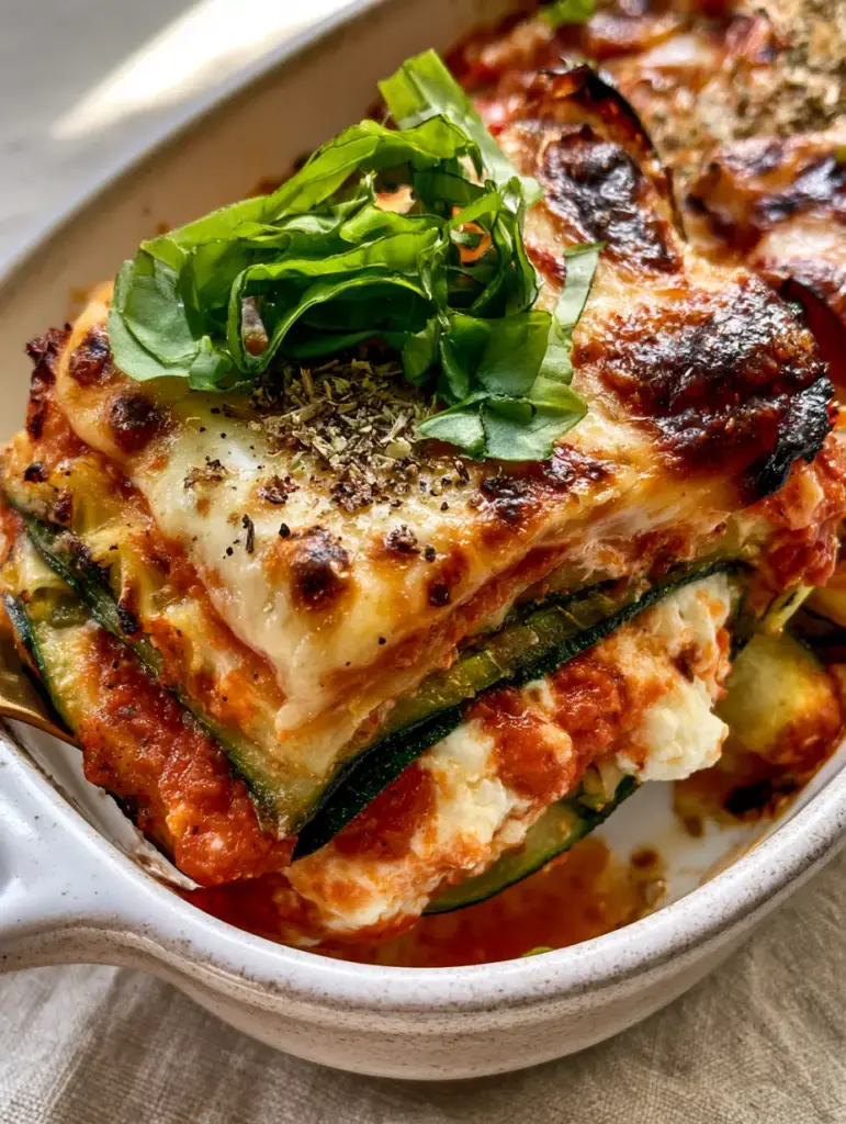 Zucchini Lasagna: The Ultimate Low-Carb Recipe with Grilled Ribbons 1 Detailed view of the toasted parmesan crust and fresh basil chiffonade on Zucchini Lasagna. (Zucchini Lasagna)