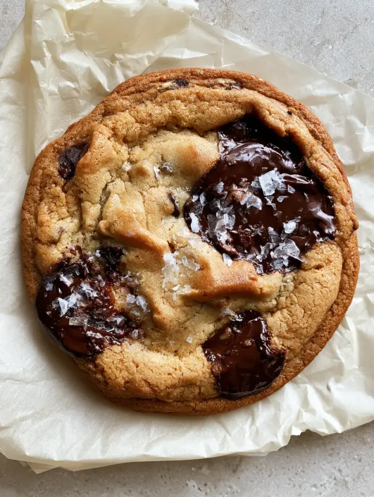 No Butter Chocolate Chip Cookies: The Ultimate Ultra-Chewy Oil-Based Recipe 1 Oversized cookie with large dark chocolate chunks and flaky sea salt on a stone background.