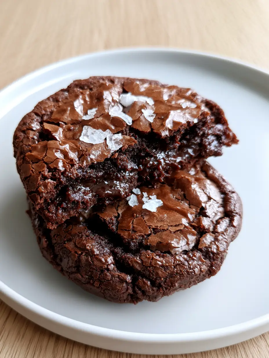 Brownie Cookies with a Glossy Crinkle Crust and Molten Chocolate Pockets 3 Close-up of a thick brownie cookie broken in half, revealing dense dark chocolate layers and molten pockets. (brownie cookies)