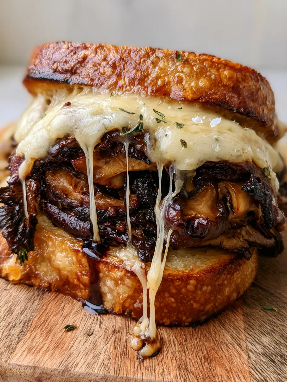 Mushroom Melt with Balsamic Glazed Cremini and Charred Shiitake 4 Extreme close-up of a mushroom melt showing deep golden-brown sourdough and glistening garlic butter. (mushroom melt)