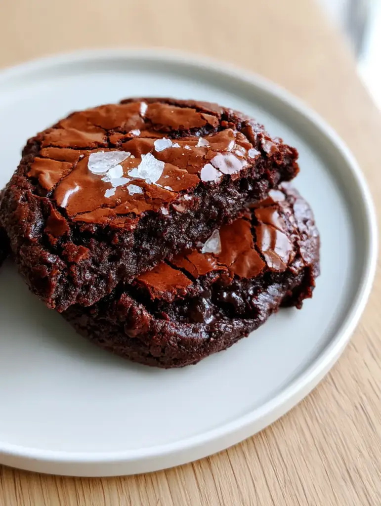 Brownie Cookies with a Glossy Crinkle Crust and Molten Chocolate Pockets 1 Brownie cookies resting on a matte-white ceramic plate with exactly five flakes of sea salt.
