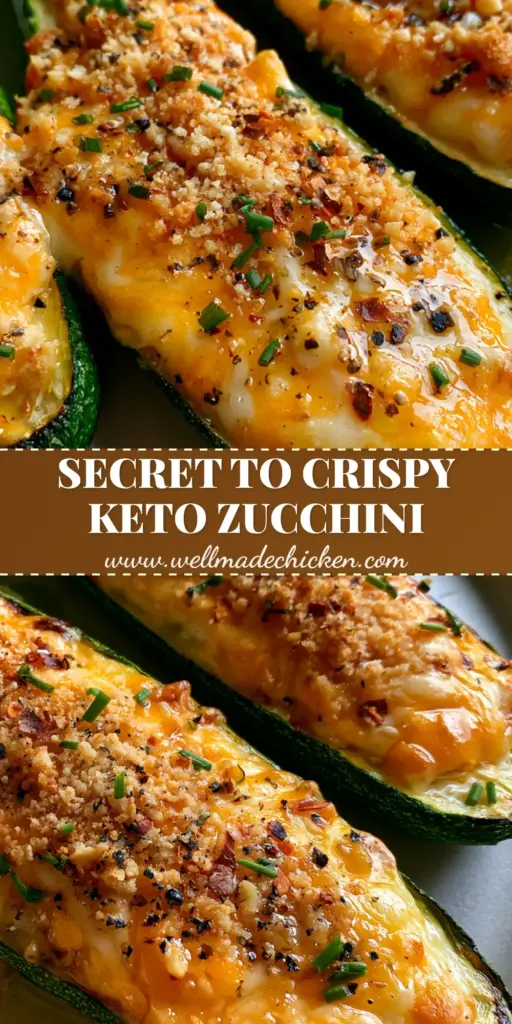 Keto Courgette Recipe: Cheesy Parmesan Zucchini Boats with Almond Crumble 3 A top-down view of three cheesy keto zucchini boats with a golden parmesan crust and fresh chives on a matte plate. (Keto Courgette Recipe)