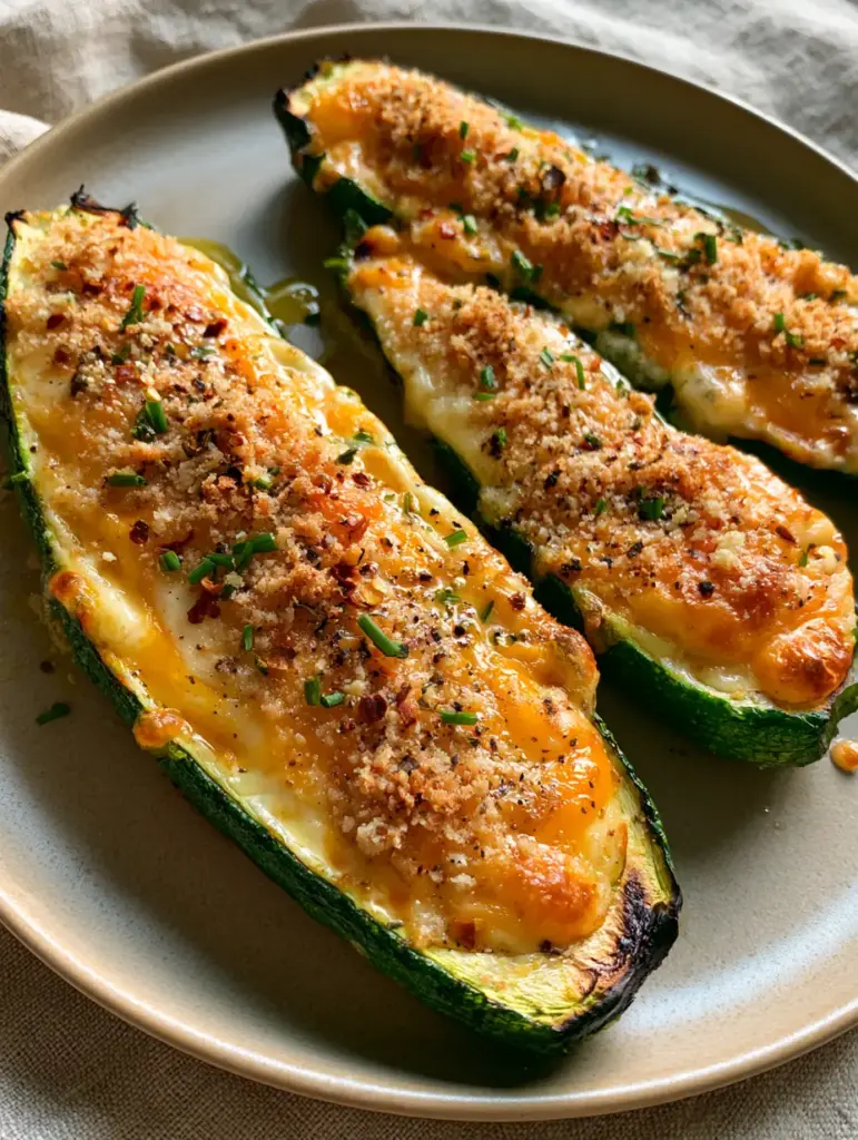 Keto Courgette Recipe: Cheesy Parmesan Zucchini Boats with Almond Crumble 1 Close-up of the dry almond flour and parmesan crumble on top of a keto courgette boat.