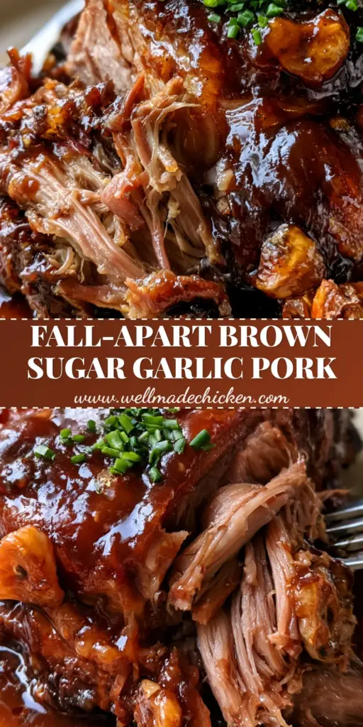 Slow Cooker Brown Sugar Garlic Pork Roast with a Mahogany Glaze 3 A close-up shot of shredded slow cooker brown sugar garlic pork roast on a platter, showing the glossy mahogany glaze and fresh chive garnish.