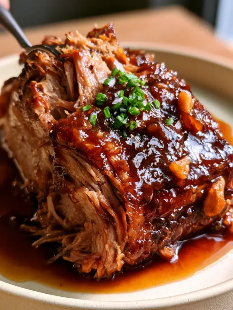 Slow Cooker Brown Sugar Garlic Pork Roast with a Mahogany Glaze 2 Macro eye-level photo of slow cooker brown sugar garlic pork roast being pulled apart with a fork to reveal juicy, steaming fibers.