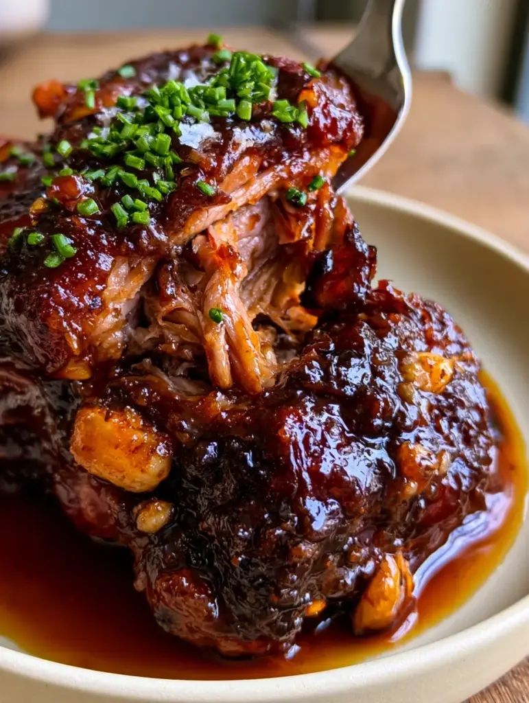 Slow Cooker Brown Sugar Garlic Pork Roast with a Mahogany Glaze 1 Smartphone photo of a slow cooker brown sugar garlic pork roast sitting in a pool of syrupy amber reduction on a cream platter.