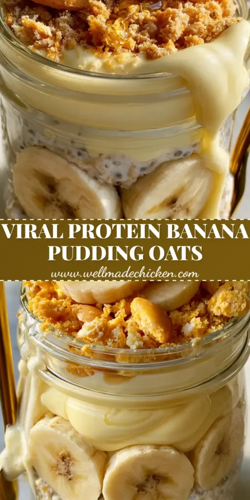 A high-angle Pinterest Pin showcasing banana pudding overnight oats in a mason jar with crushed wafers and a gold spoon.
