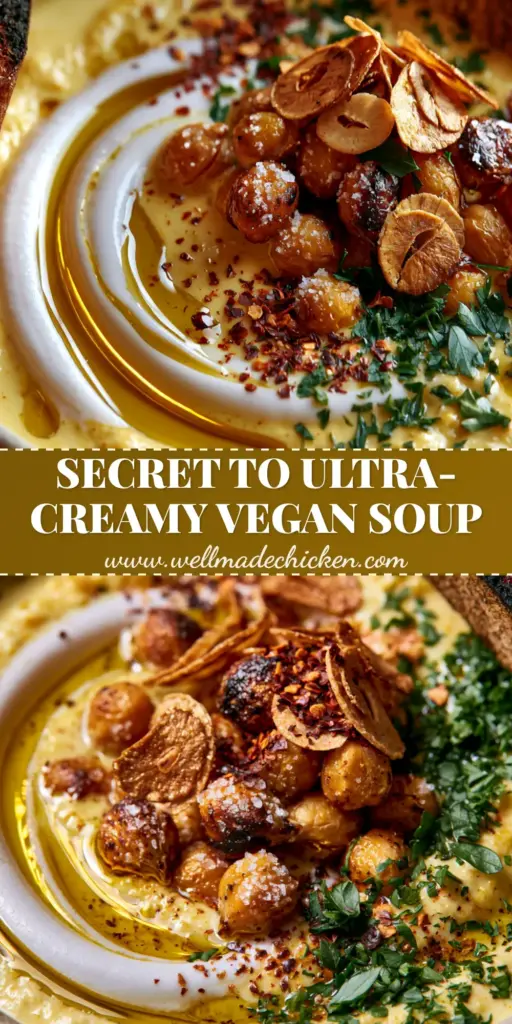 Vegan Garlic Chickpea Soup: A Creamy, Golden Mediterranean Masterpiece 4 A top-down view of a creamy vegan garlic chickpea soup featuring a white coconut swirl, golden olive oil, and crispy chickpeas in a matte bowl.