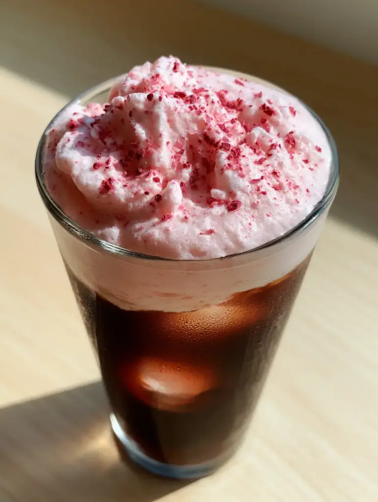 Macro photography of Strawberry Cold Foam sitting prominently on dark cold brew coffee with clear ice cubes.