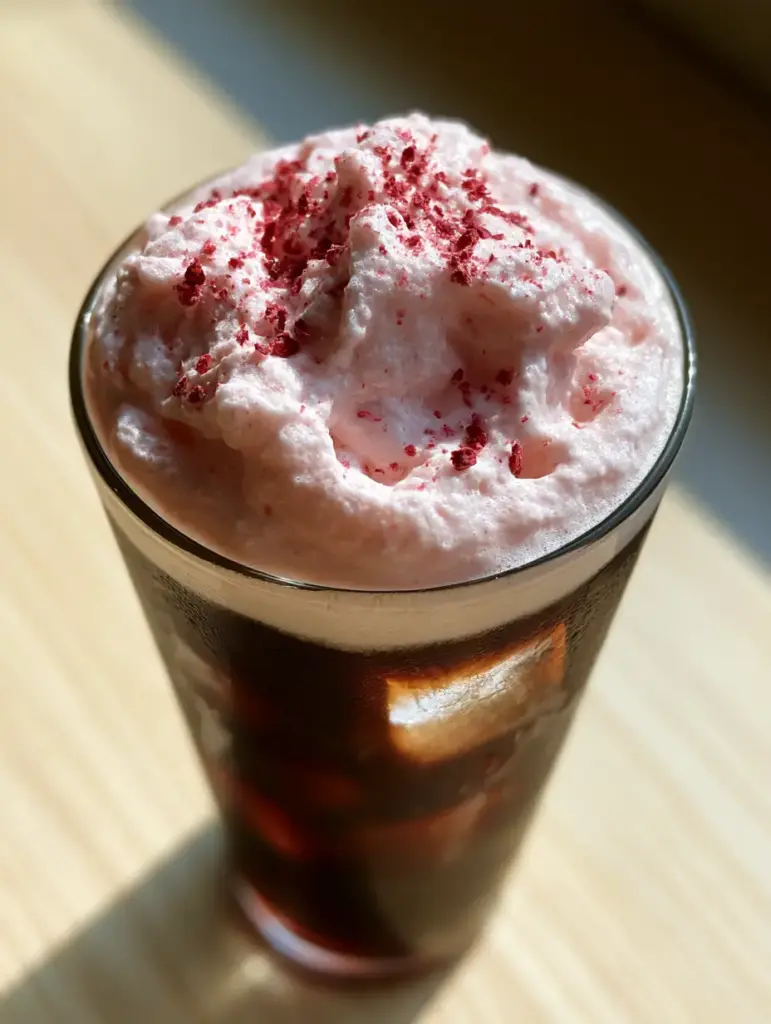 A tall glass of dark coffee topped with pastel pink Strawberry Cold Foam against a neutral wood background.