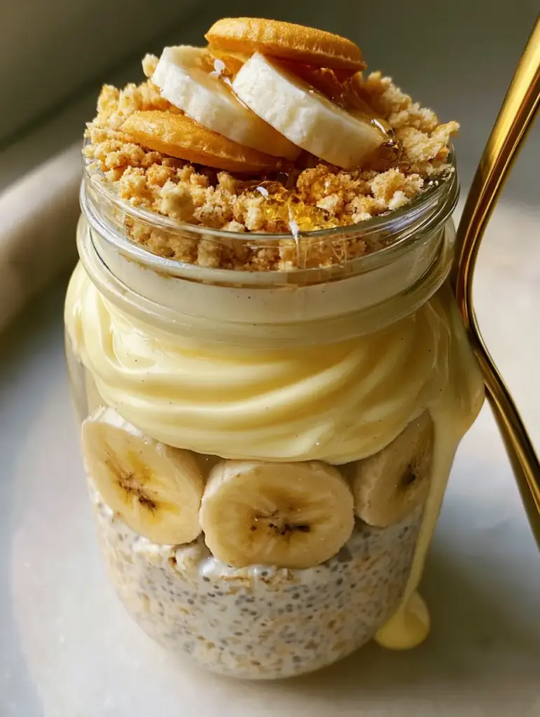 Close up of vanilla bean custard swirl and crushed vanilla wafers on top of banana pudding overnight oats.