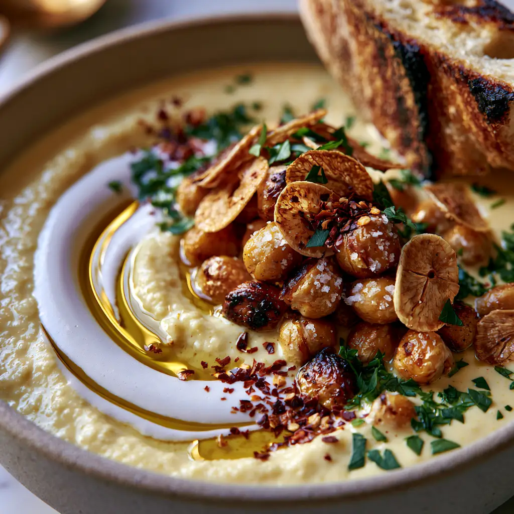 Vegan Garlic Chickpea Soup: A Creamy, Golden Mediterranean Masterpiece 2 Macro photography of ultra-creamy golden garlic chickpea soup with coconut cream swirls and shimmering olive oil.