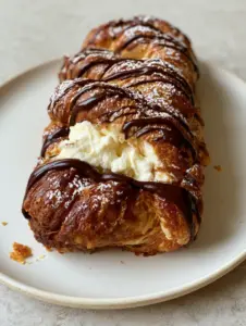 Macro hero shot of a freshly baked chocolate cream cheese danish showing shattering flaky layers and glossy ganache.