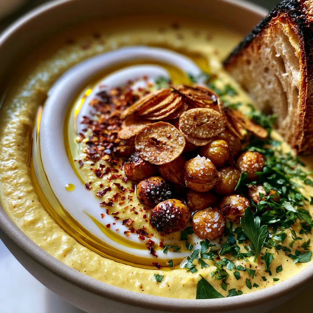 Vegan Garlic Chickpea Soup: A Creamy, Golden Mediterranean Masterpiece 1 Close-up of oven-roasted chickpeas and toasted garlic slivers on top of a vegan garlic chickpea soup.