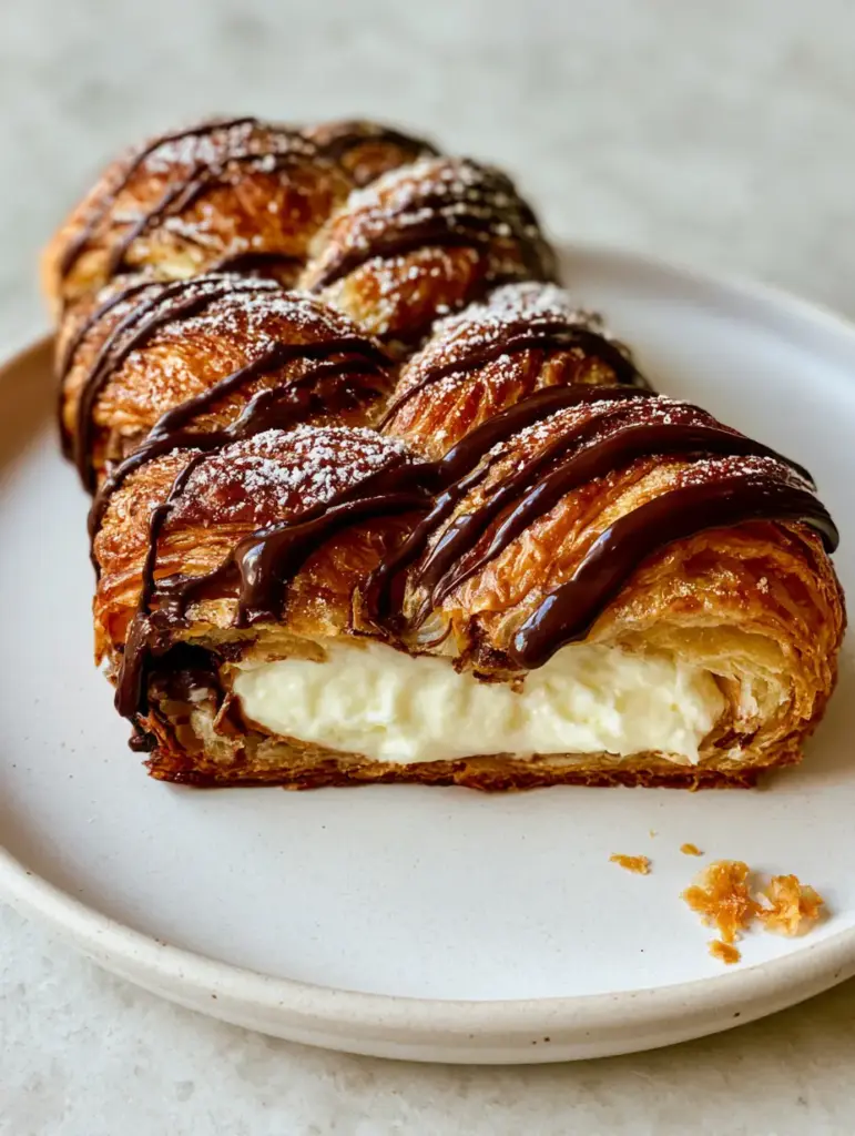 Chocolate Cream Cheese Danish: The Ultimate Guide to Braided Bakery Perfection 1 Close up of the intricate braid and warm white cream cheese filling of a chocolate cream cheese danish.