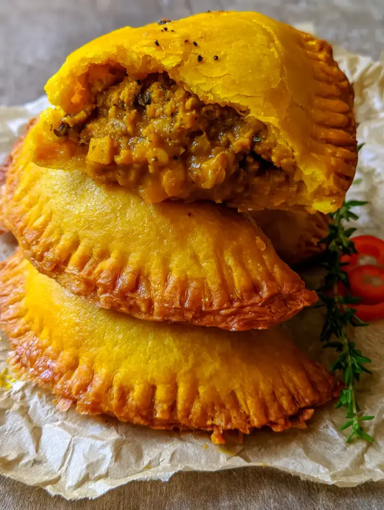 Jamaican Curry Chicken Patties with Shattered Flaky Turmeric Crust 2 Close up shot of Jamaican Curry Chicken Patties with hundreds of visible thin layers in the turmeric crust.