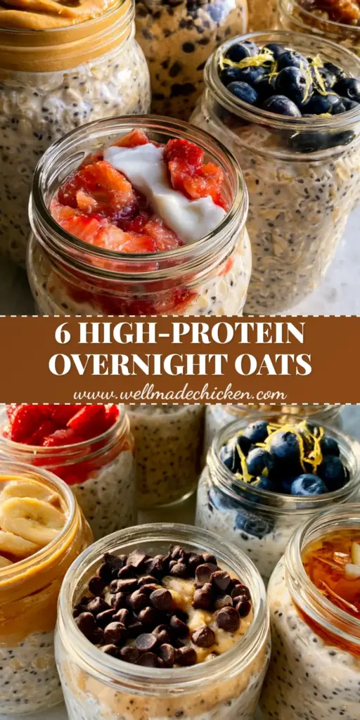 Overnight Oats: The Ultimate High-Protein Meal Prep Guide (6 Ways!) 4 A bright hero shot of six premium wide-mouth glass jars of high-protein overnight oats with various toppings like blueberries, strawberries, and peanut butter on a marble background.