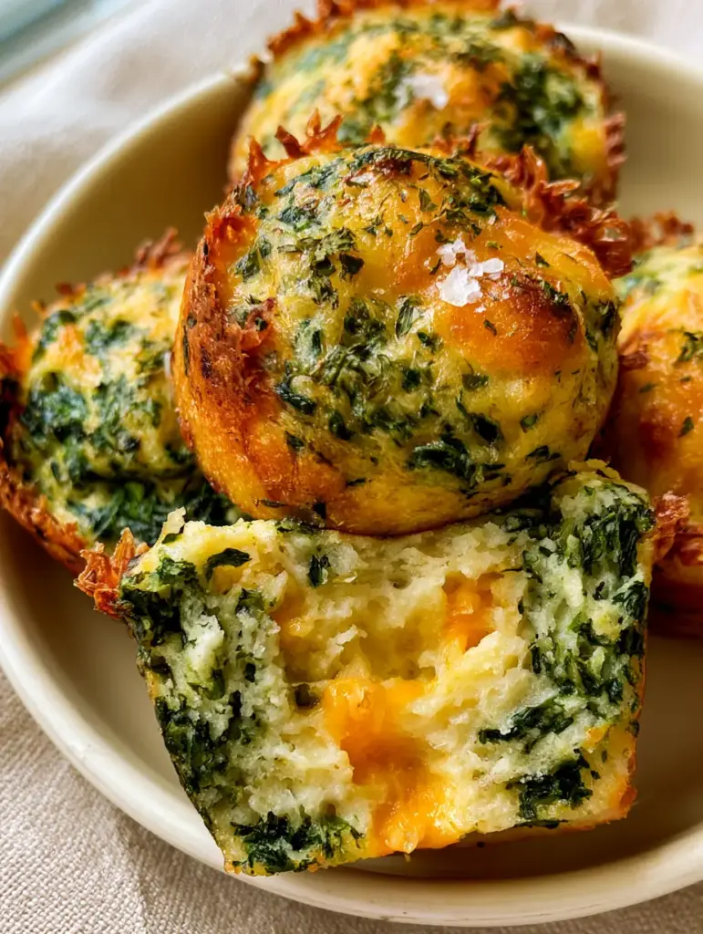 Spinach and cheese muffins with Sharp Cheddar and Golden Toasted Tops 1 A broken open spinach and cheese muffin revealing a steamy, moist interior with gooey melted orange cheddar. (Spinach and cheese muffins)