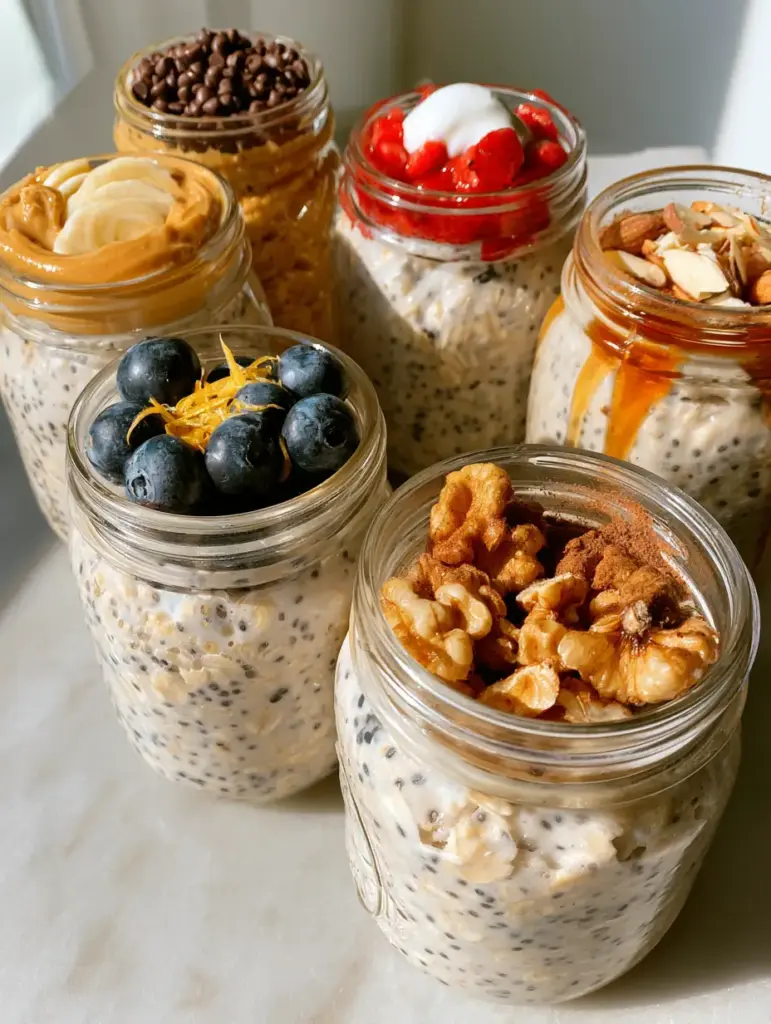 Overnight Oats: The Ultimate High-Protein Meal Prep Guide (6 Ways!) 2 High-angle view of six jars of overnight oats showing distinct layers of fruit, nuts, and creamy oat base in soft morning light.