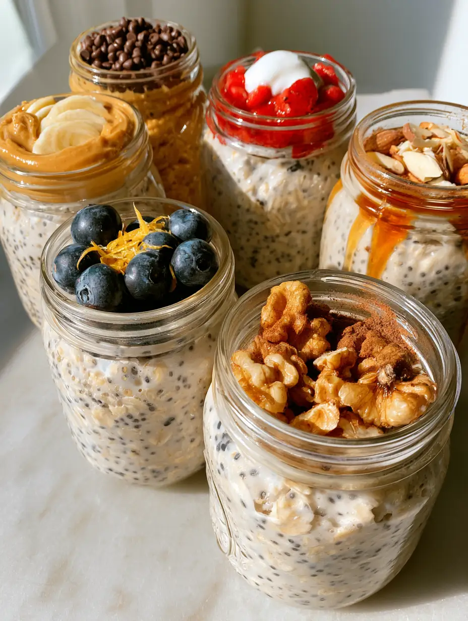 Overnight Oats: The Ultimate High-Protein Meal Prep Guide (6 Ways!) 3 High-angle view of six jars of overnight oats showing distinct layers of fruit, nuts, and creamy oat base in soft morning light.