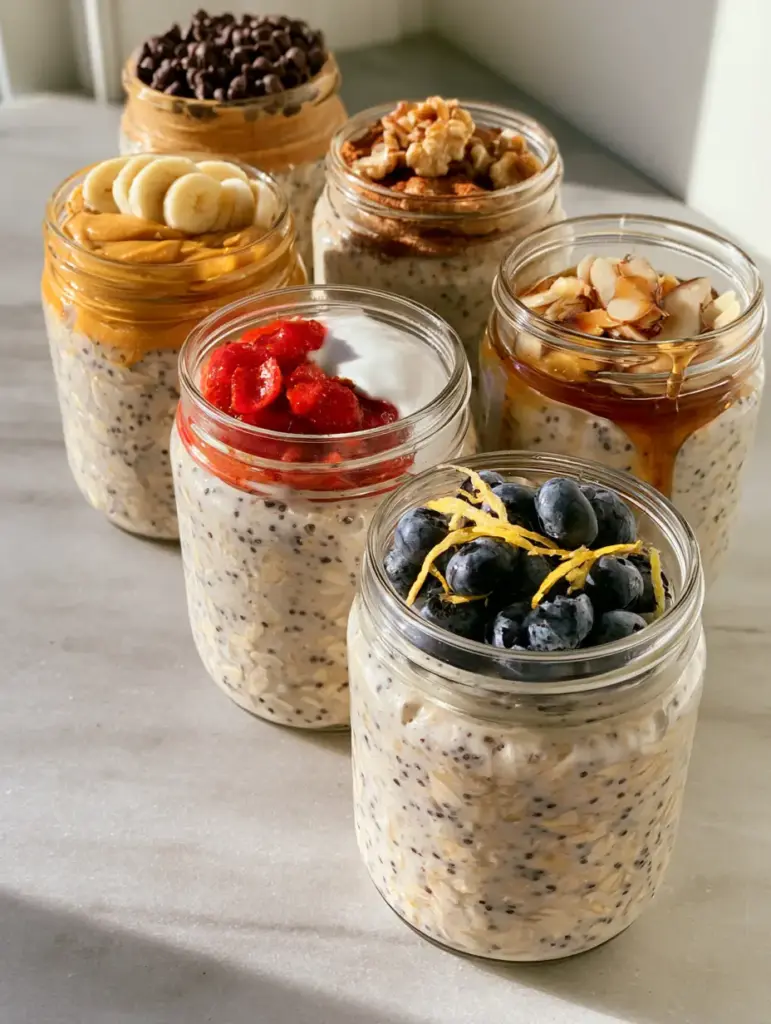 Overnight Oats: The Ultimate High-Protein Meal Prep Guide (6 Ways!) 1 Close up of glass jars filled with thick custard-like overnight oats topped with fresh banana coins and mini dark chocolate chips.