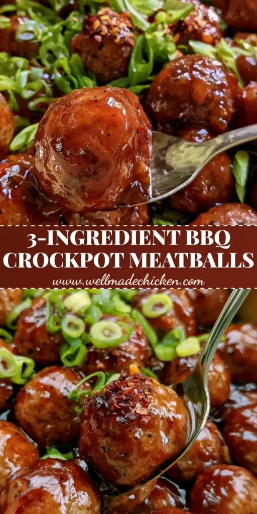 Honey BBQ Crockpot Meatballs: The Ultimate Sticky Mahogany Glaze Recipe 4 A top-down view of glistening honey BBQ Crockpot meatballs in a ceramic pot, garnished with green scallions and red pepper flakes.