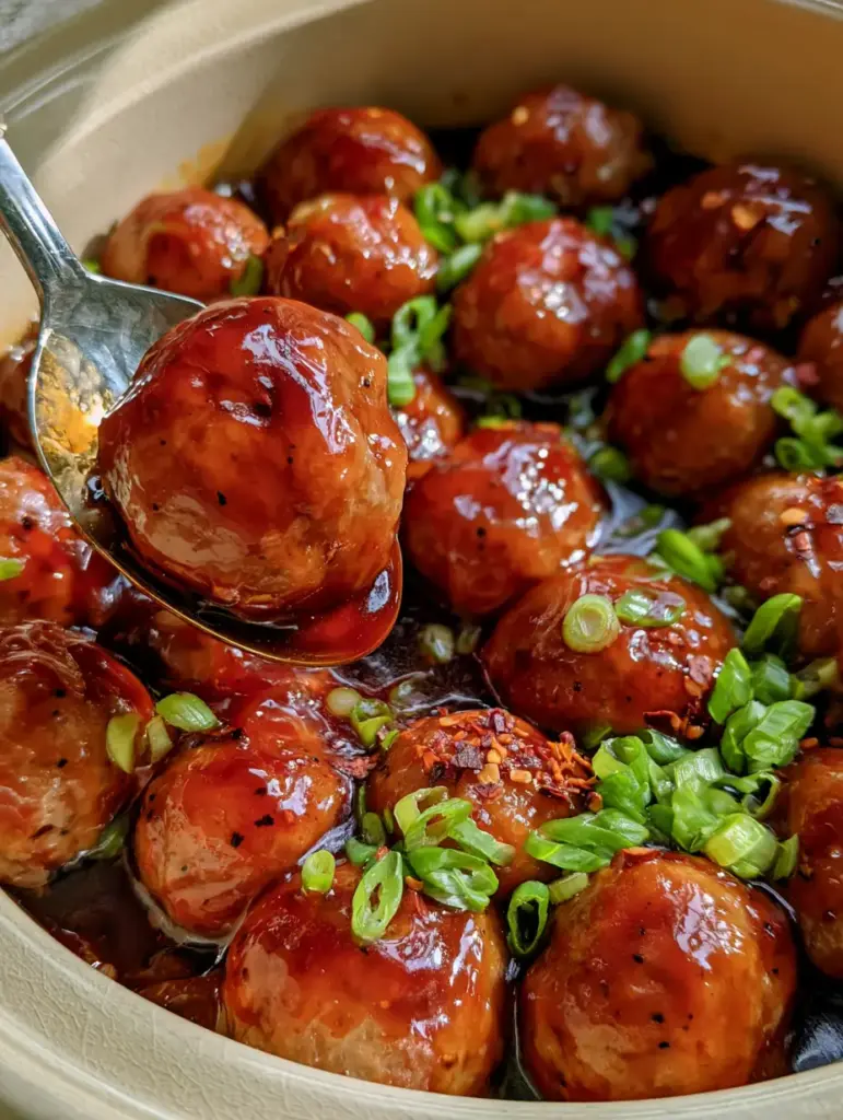 Honey BBQ Crockpot Meatballs: The Ultimate Sticky Mahogany Glaze Recipe 1 A silver spoon lifting a sticky honey BBQ Crockpot meatball from the slow cooker pot.