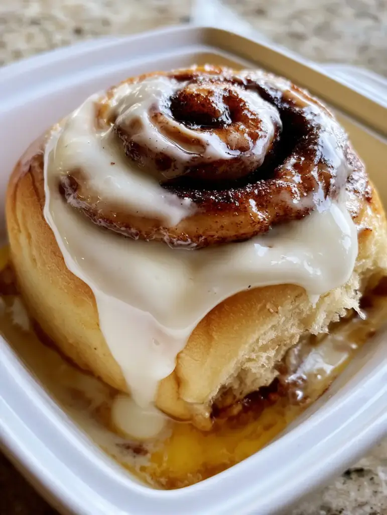 Cinnamon Rolls Recipe: The Secret to Giant Pillowy Rolls with a Heavy Cream Soak 2 Extreme close-up of a giant cinnamon roll being lifted from a ceramic dish showing a gooey butter-soaked bottom. (cinnamon rolls recipe)