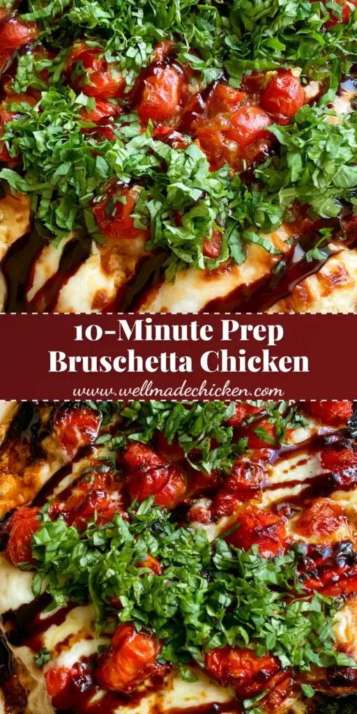 Bruschetta Chicken Casserole: The Ultimate One-Pan Italian Dinner 4 A bubbling Bruschetta Chicken Casserole in a cream ceramic dish featuring seared chicken, melted mozzarella with charred edges, and a thick balsamic glaze drizzle.