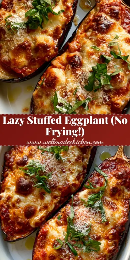 Two roasted stuffed eggplant parmesan boats in a white ceramic dish with bubbly cheese and basil. (stuffed eggplant parmesan)