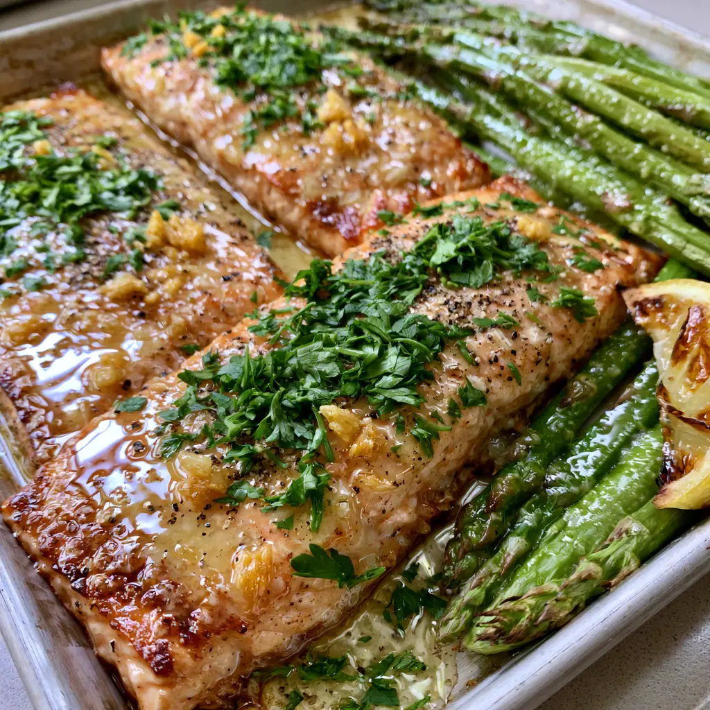 High angle shot of baked salmon with fresh dill and parsley scattered over melted cheese.