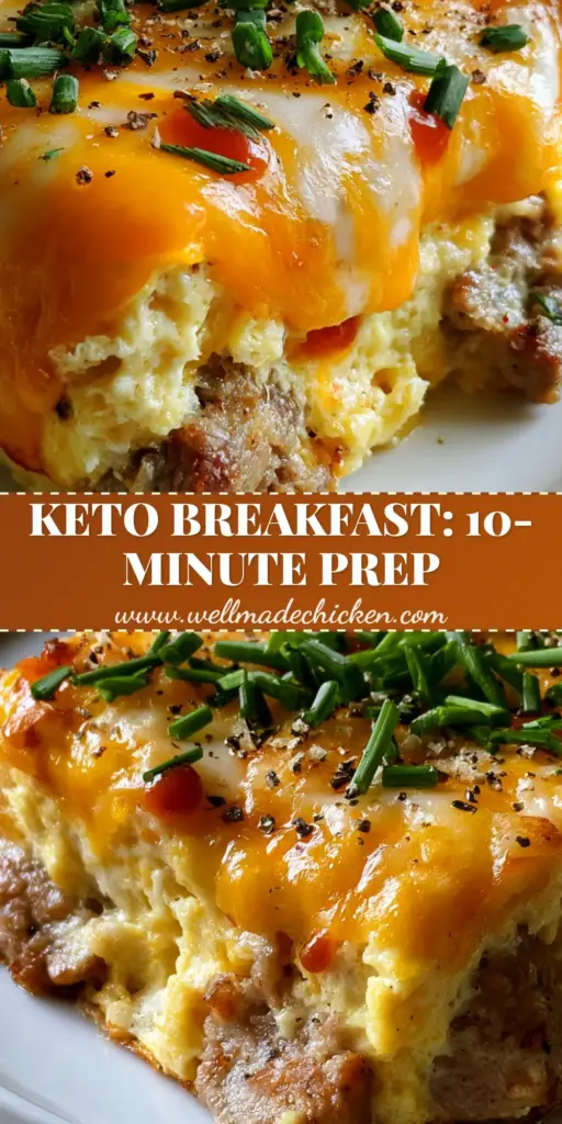 A thick square slice of Keto breakfast casserole with bubbling cheddar, sausage chunks, and fresh chives on a white plate.