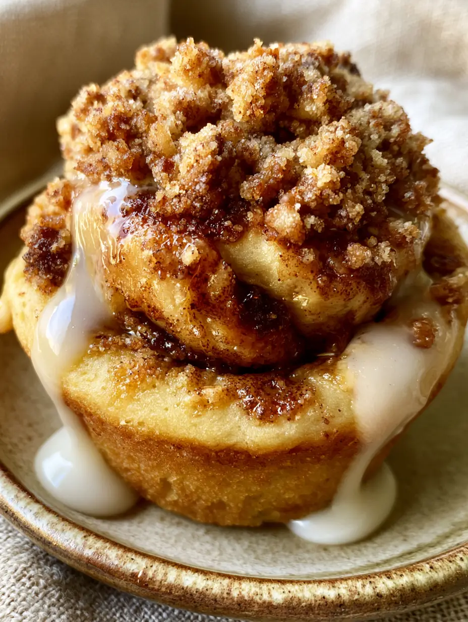 Close up handheld photo of a cinnamon muffin with a visible dark brown sugar swirl and thick white glaze.