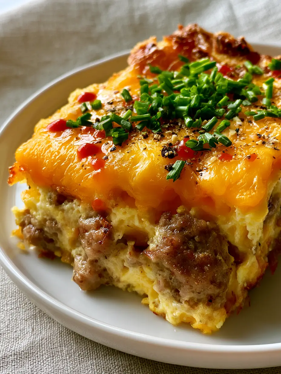 Macro shot of fluffy aerated egg base and browned pork sausage in a Keto breakfast casserole.
