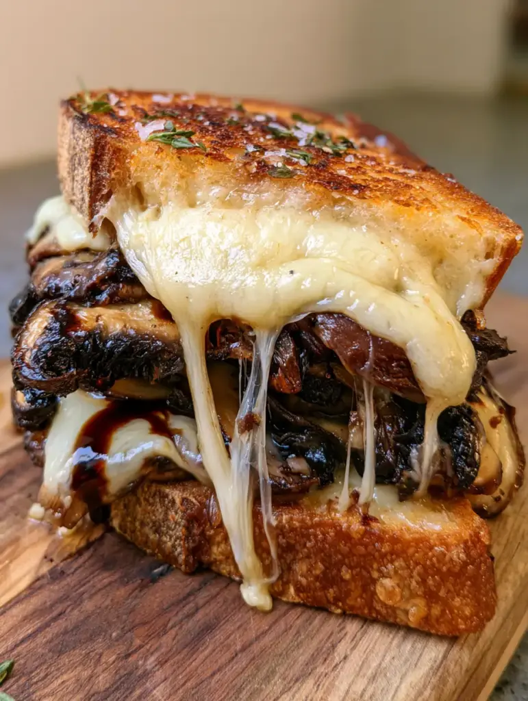 Mushroom Melt with Balsamic Glazed Cremini and Charred Shiitake 1 Detailed shot of melted Swiss cheese drooping over balsamic-glazed cremini mushrooms in a mushroom melt.