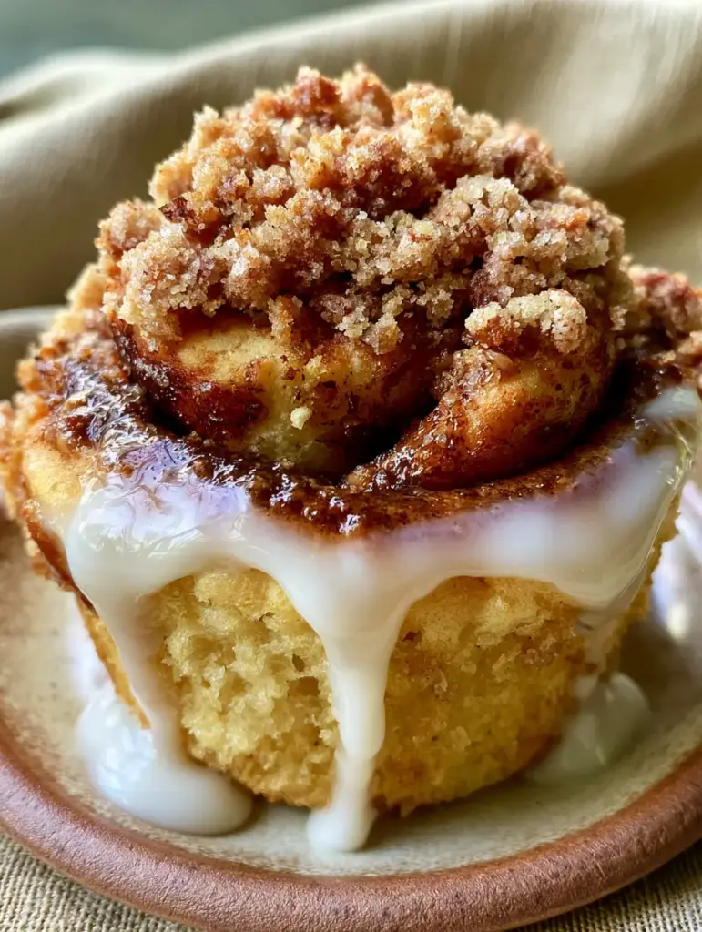 Side view of a cinnamon roll muffin showing the glaze dripping down the crunchy streusel top.