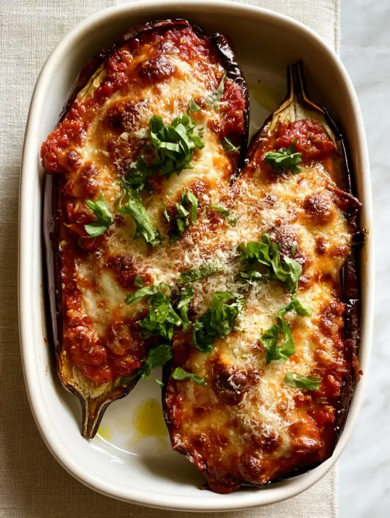 Close-up of toasted golden-brown bubbly mozzarella on stuffed eggplant parmesan.