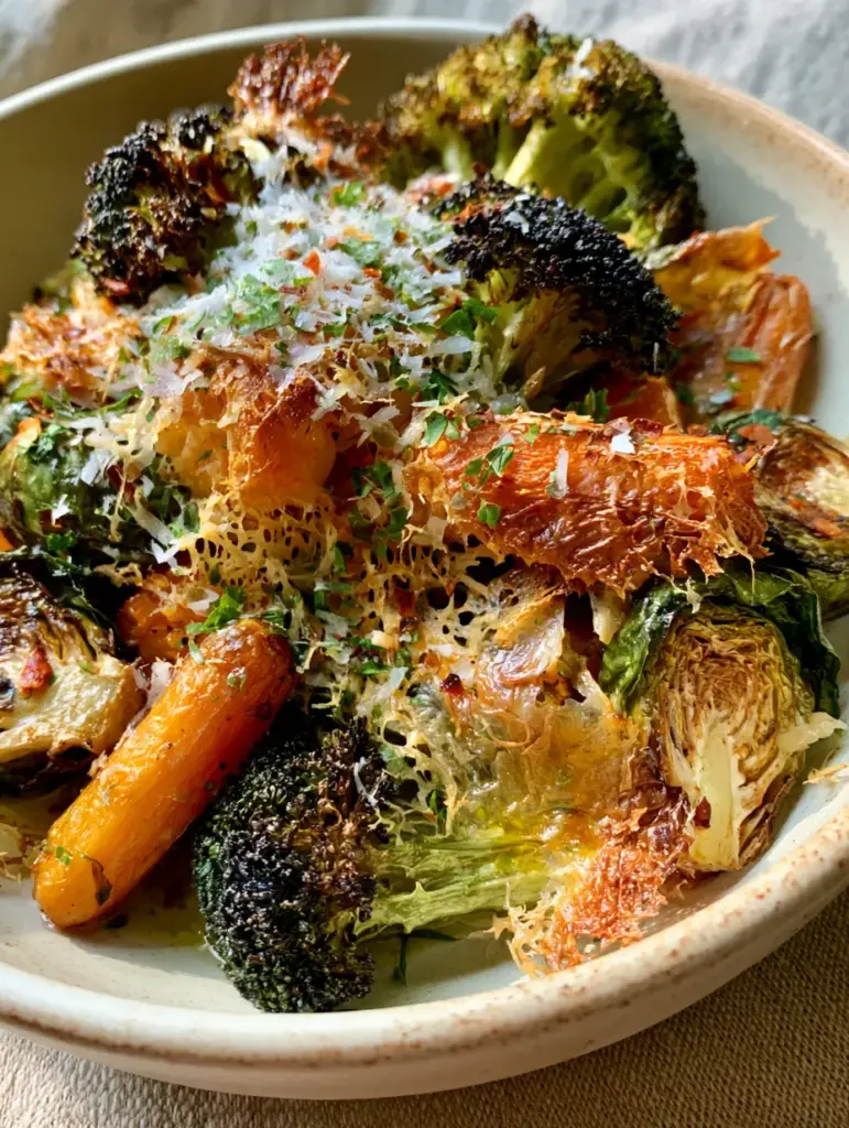 Vegetable side dishes like these Crispy Air-Fried Parmesan Medley will transform your dinner routine. 2 Close-up of charred broccoli and blistered Brussels sprouts in a rustic bowl. (vegetable side dishes)