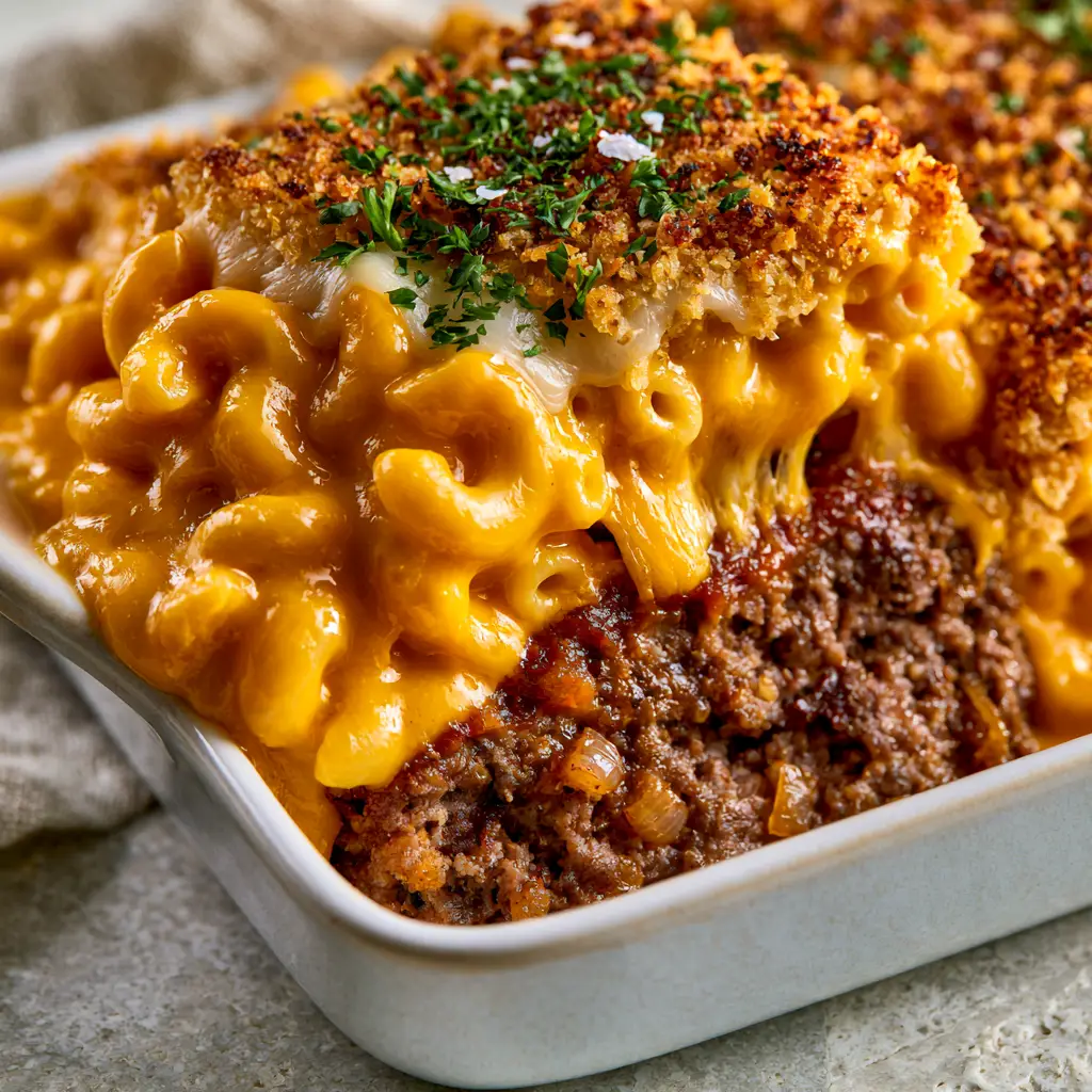 Mac and Cheese Meatloaf Casserole: The Ultimate Comfort Food Mashup 2 Hero shot of Mac and Cheese Meatloaf Casserole in a white dish showing the juicy beef base and golden panko topping.