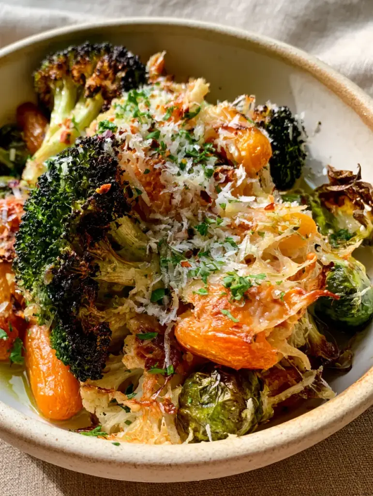 Vegetable side dishes like these Crispy Air-Fried Parmesan Medley will transform your dinner routine. 1 Top-down view of caramelized baby carrots and toasted parmesan cheese crust on vegetables.