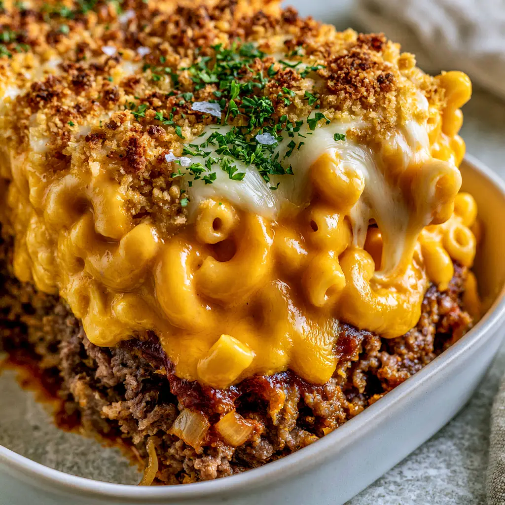 Mac and Cheese Meatloaf Casserole: The Ultimate Comfort Food Mashup 1 Macro view of the panko and mozzarella crust on the Mac and Cheese Meatloaf Casserole with parsley garnish.
