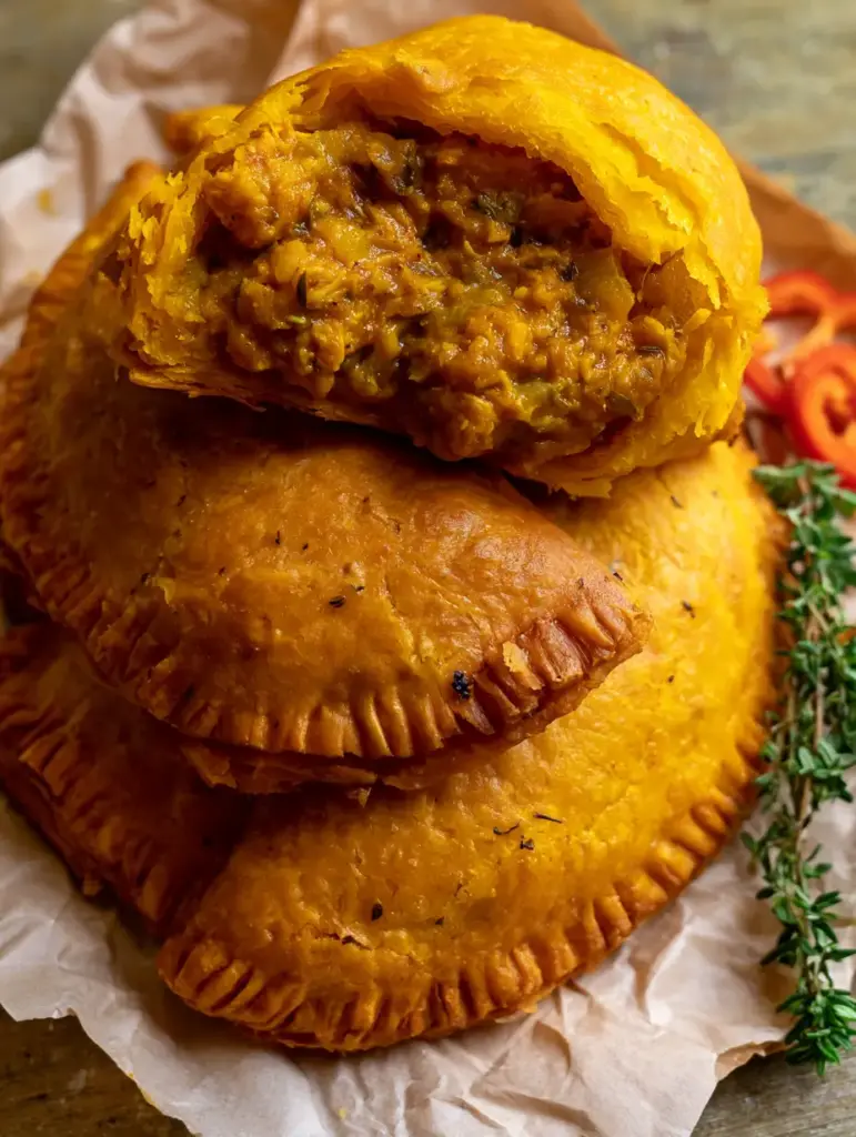 Jamaican Curry Chicken Patties with Shattered Flaky Turmeric Crust 1 Jamaican Curry Chicken Patties served on a rustic wood surface with scotch bonnet rings and thyme sprigs.