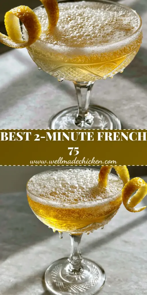 A French 75 cocktail in a vintage etched crystal coupe glass on a marble surface, showing a clear golden base and thick white champagne foam with a lemon twist garnish.